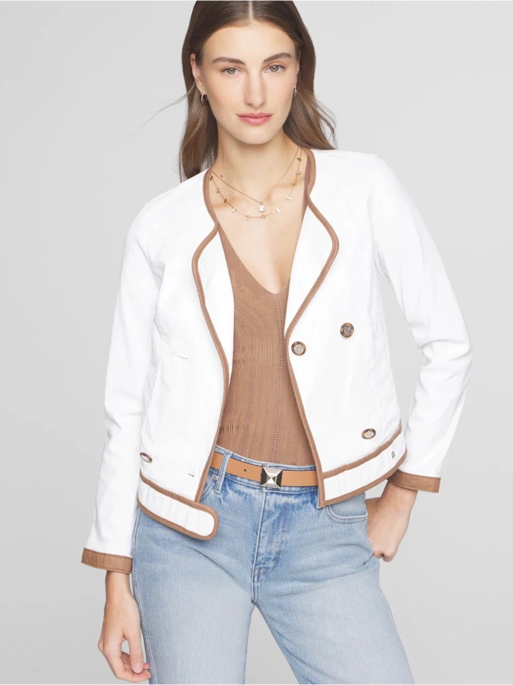 NWOT WHITE HOUSE BLACK MARKET WHBM COATED DENIM JACKET BROWN TRIM SZ 2 MSRP $189